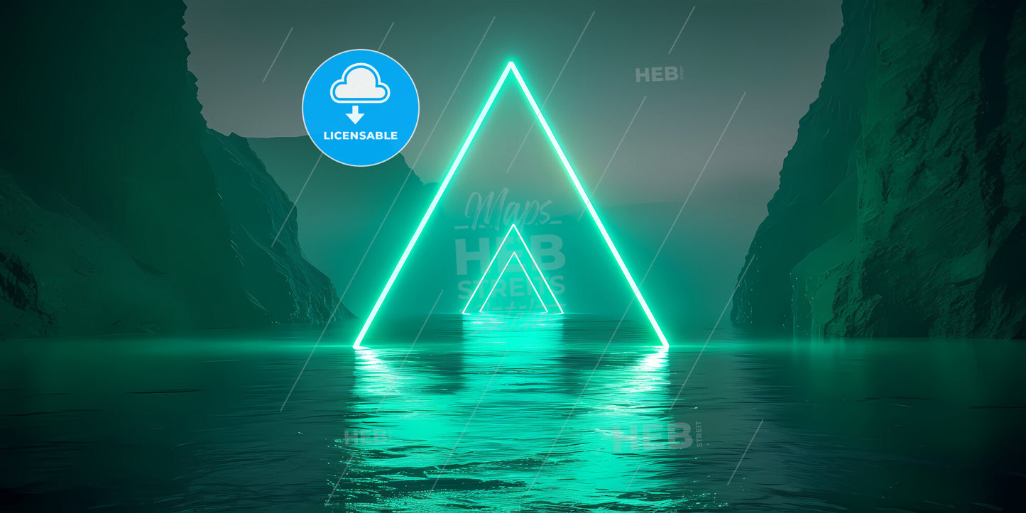 Abstract Green Neon Background With Triangular Shape, Laser Rays And Glowing Lines - A Street With Buildings And A Castle On Top