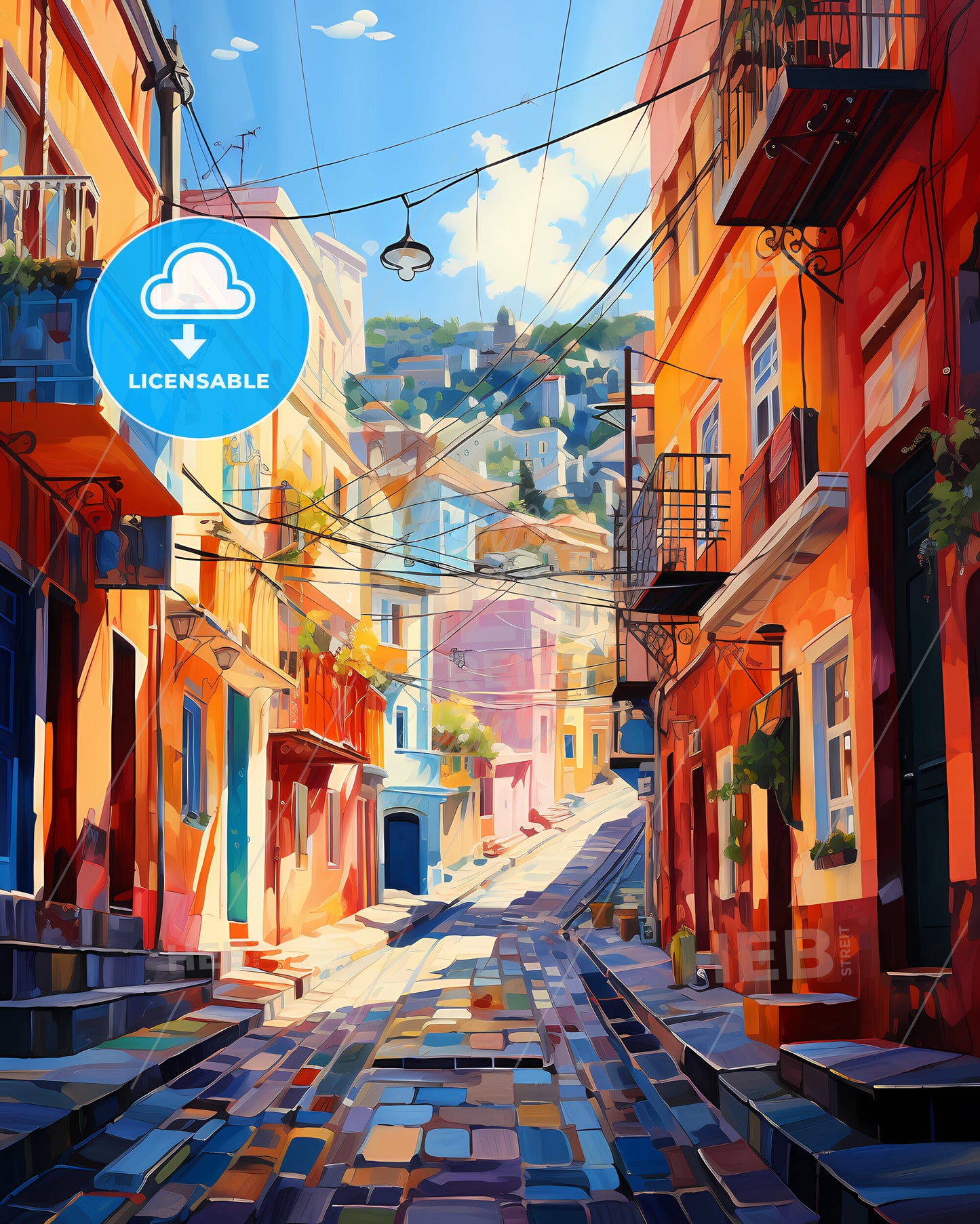 Patras, Greece - A Street With Buildings And People Walking On It