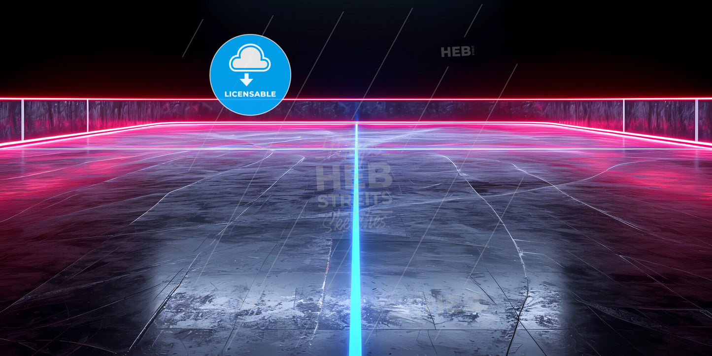 Neon Hockey Rink Perspective Angle View, Virtual Sportive Game Playground - A Woman Wearing A Garment And Headphones Sitting On A Rock