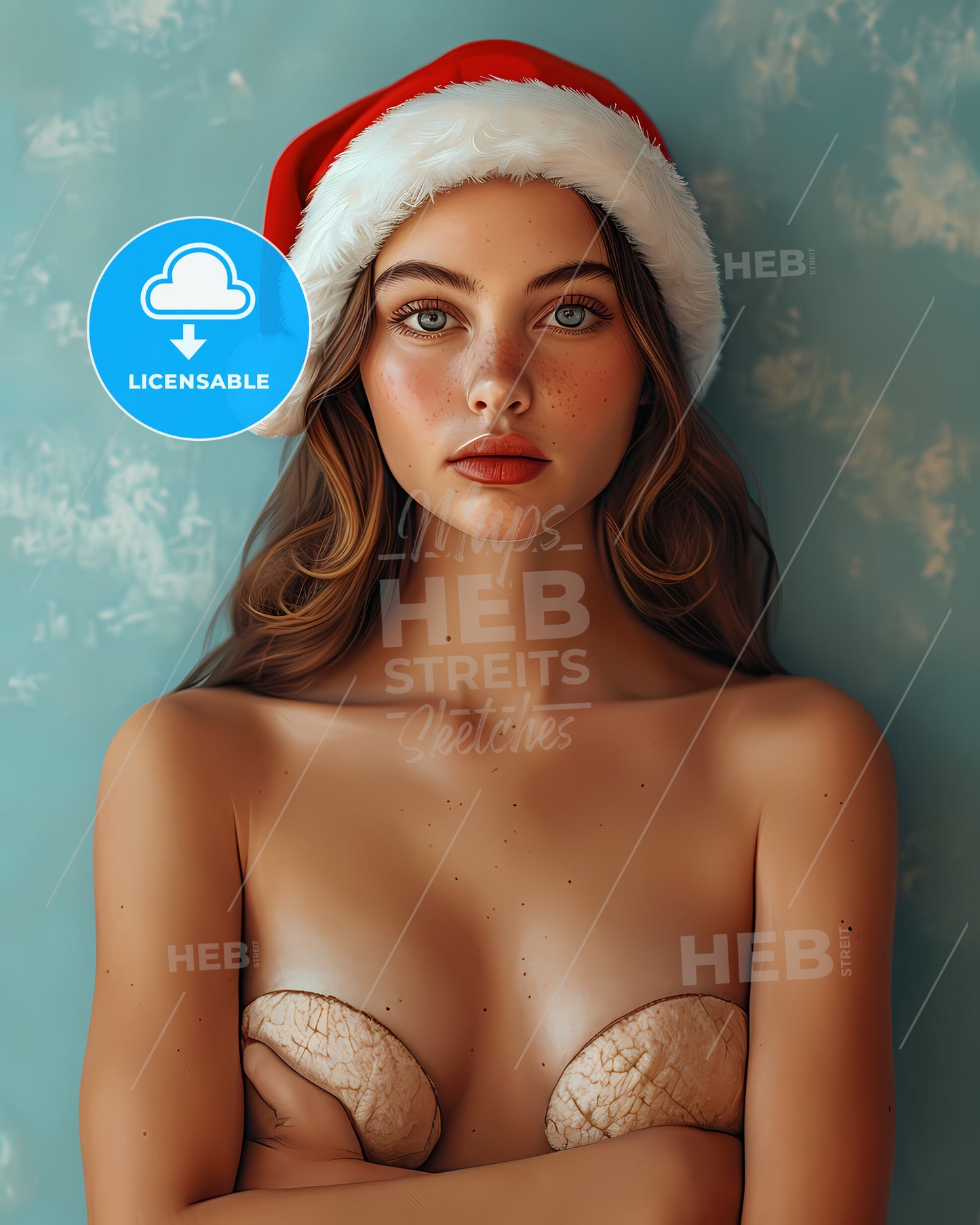 Woman Wearing Santa Hat - A Lake Surrounded By Mountains
