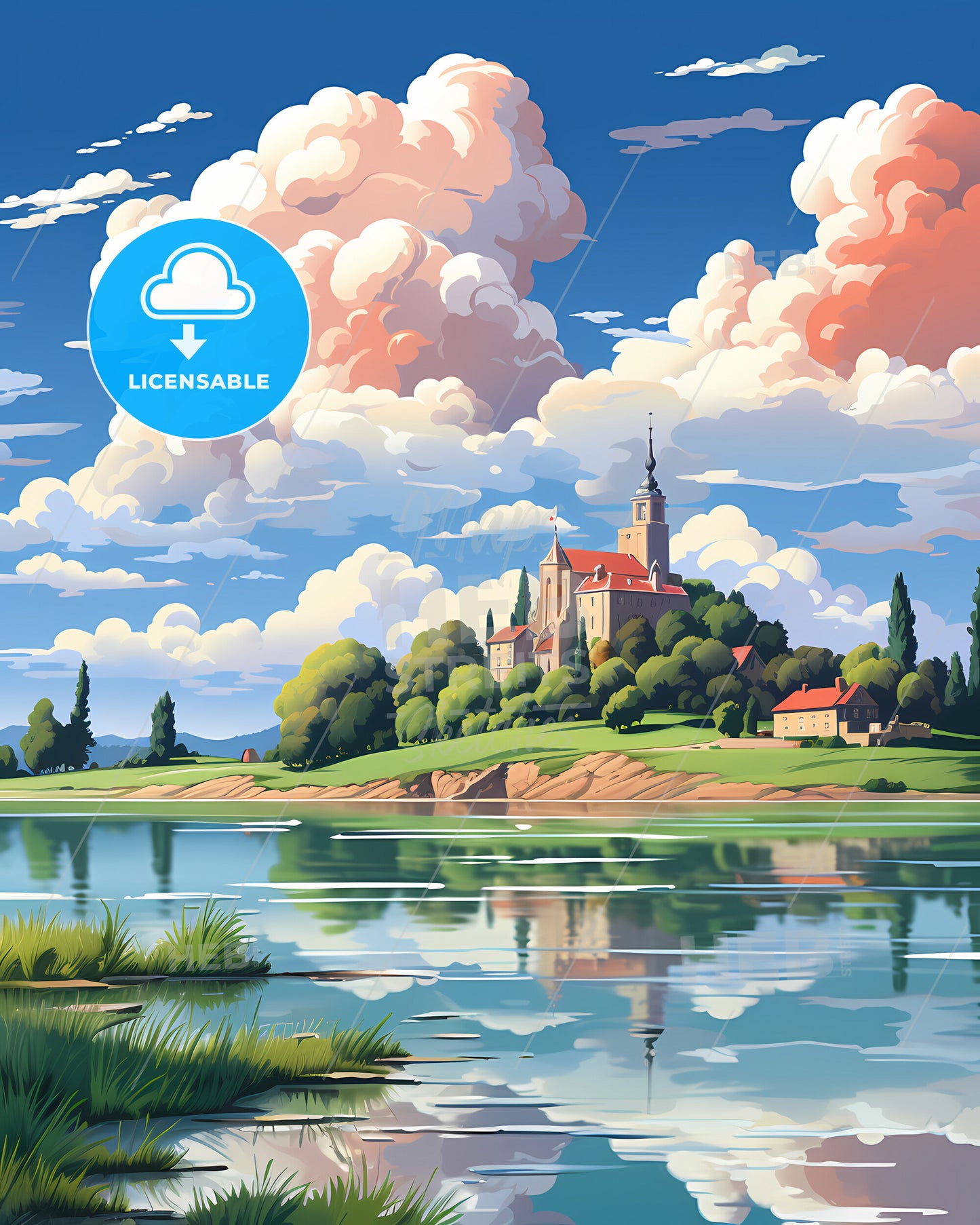 Ré Island, France - A Landscape Of A Castle On A Hill With Trees And A Body Of Water