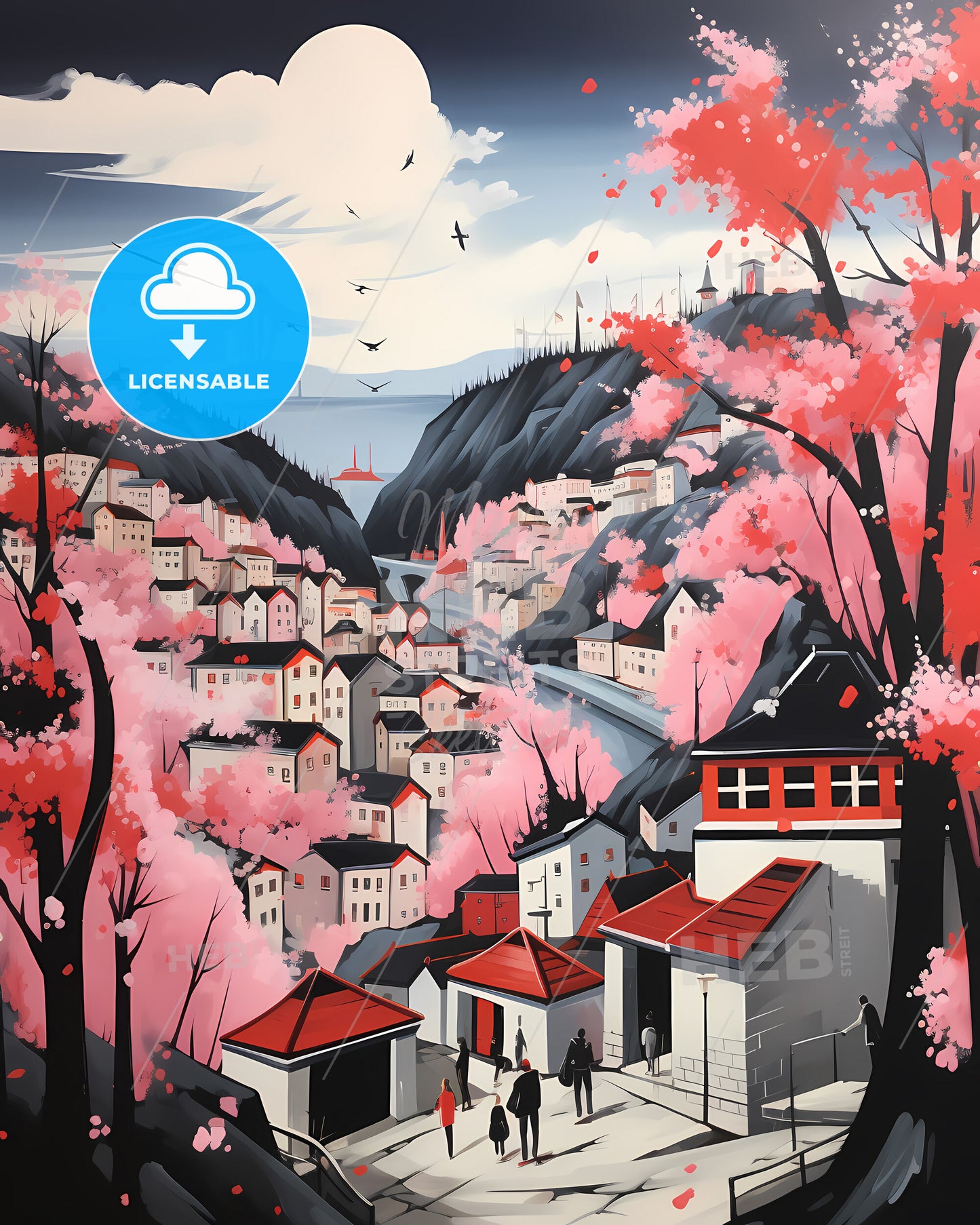 Trondheim, Norway - A Painting Of A Town With Pink Trees And Mountains