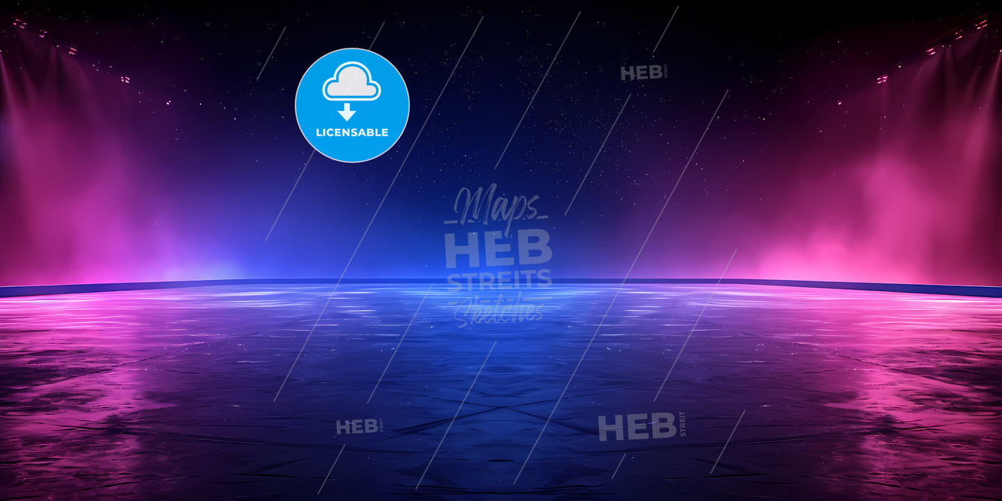 Neon Hockey Rink Perspective Angle View, Virtual Sportive Game Playground - A Blue And Pink Lights On A Surface