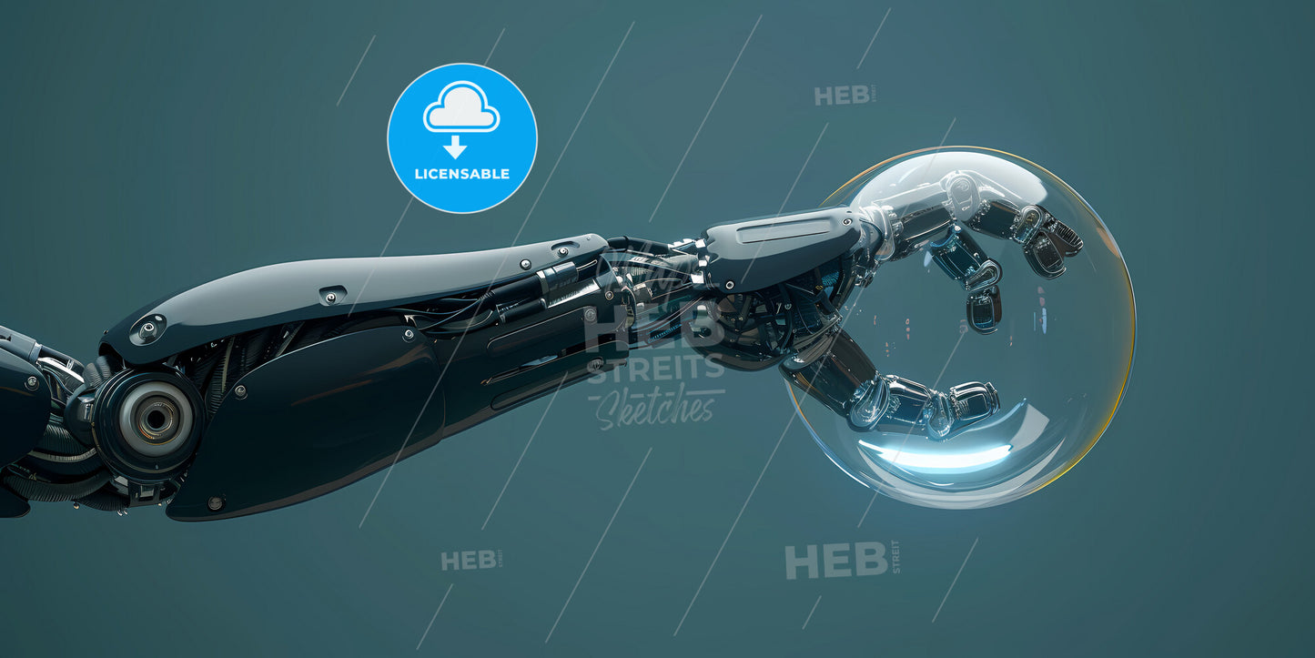 Abstract Metallic Arm, Index Finger Shows Up, Glass Ball With Neon Light, Isolated On Dark Blue Background - A Robot Arm Holding A Bubble