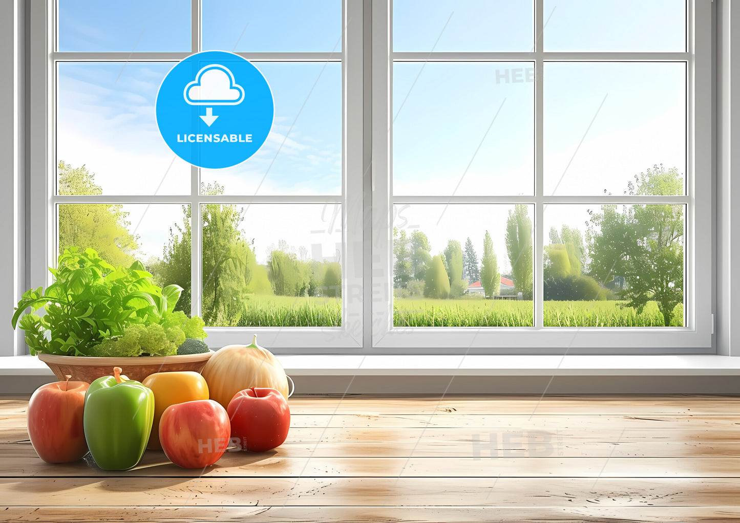 Wooden Table View In A Countryside Kitchen With The View On A Window And A Garden - A Table With Fruits And Vegetables On It