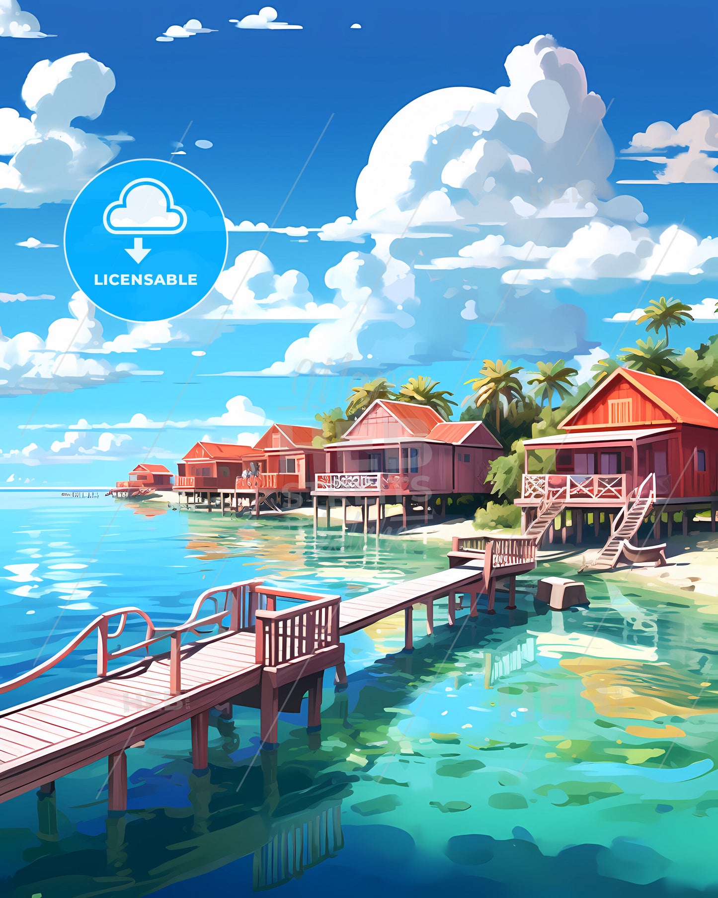 Maldives, Republic Of Maldives - A Dock Leading To A Beach With Houses On Stilts