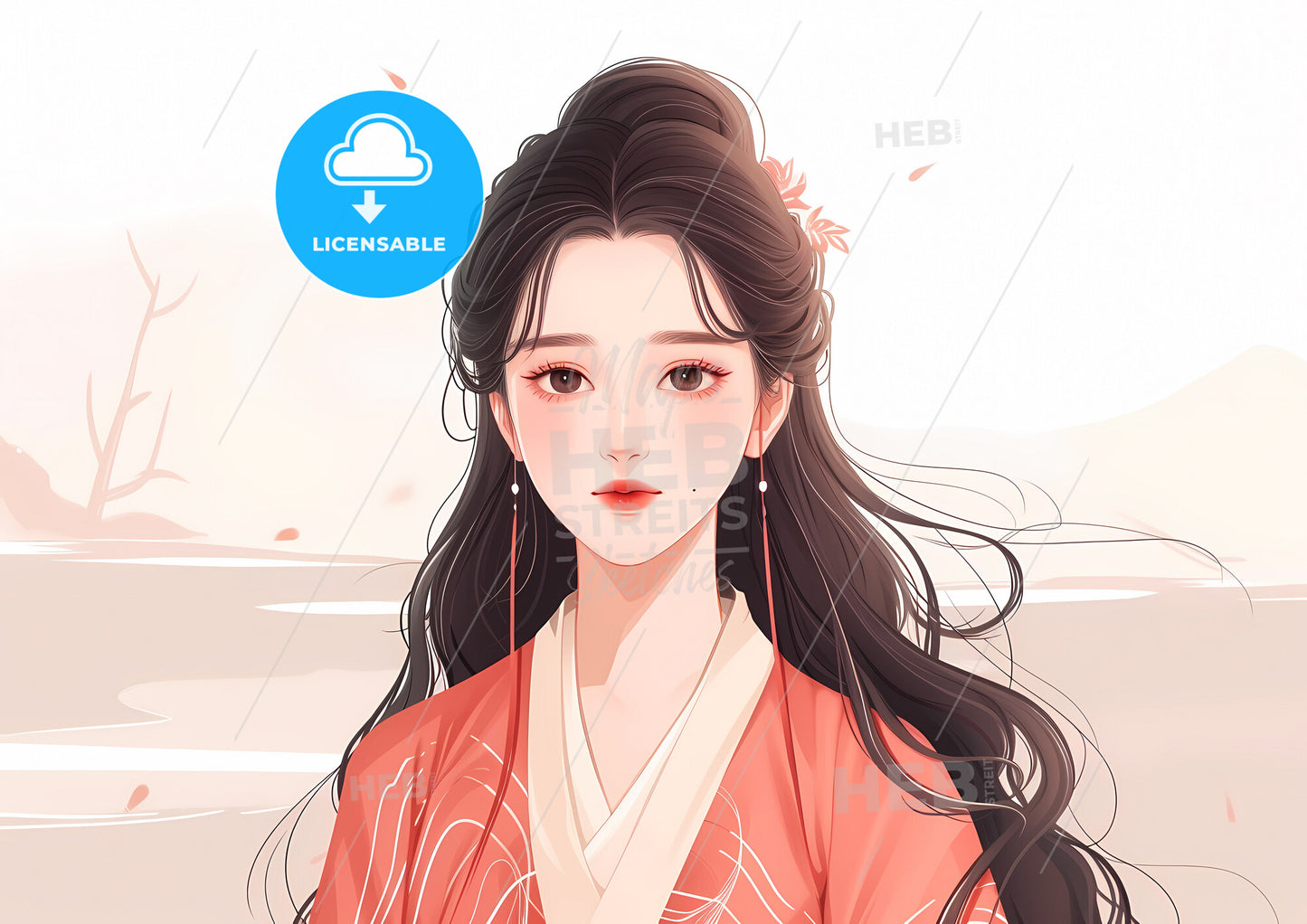 Miniature Style, Beautiful Woman With Red Robe On White Background, Big Eyes With Mascara - A Woman With Long Hair Wearing A Kimono