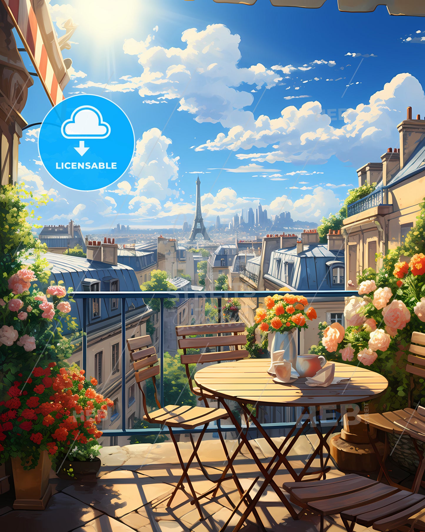 On The Roofs Of Paris - A Balcony With A Table And Chairs And A View Of The Eiffel Tower