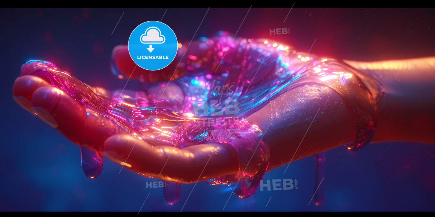 Abstract Metallic Hand, Victory Gesture, Glass Ball With Neon Light, Isolated On Dark Blue Background - A Hand With A Transparent Substance