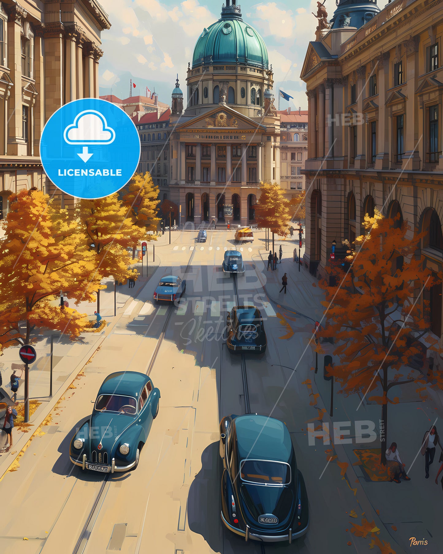 Poster Of Paris - A Street With Cars And Buildings In The Background