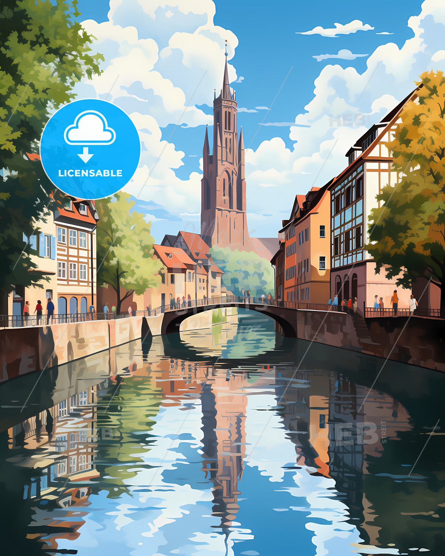 Nurnberg, Germany - A Water Way With A Bridge And A Church In The Background