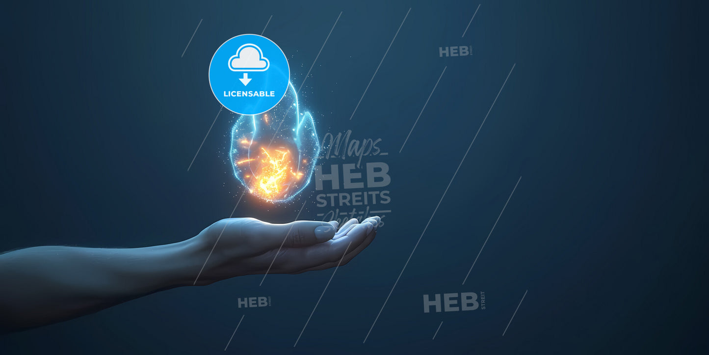 Abstract Metallic Hand, Victory Gesture, Glass Ball With Neon Light, Isolated On Dark Blue Background - A Hand Holding A Glowing Fire