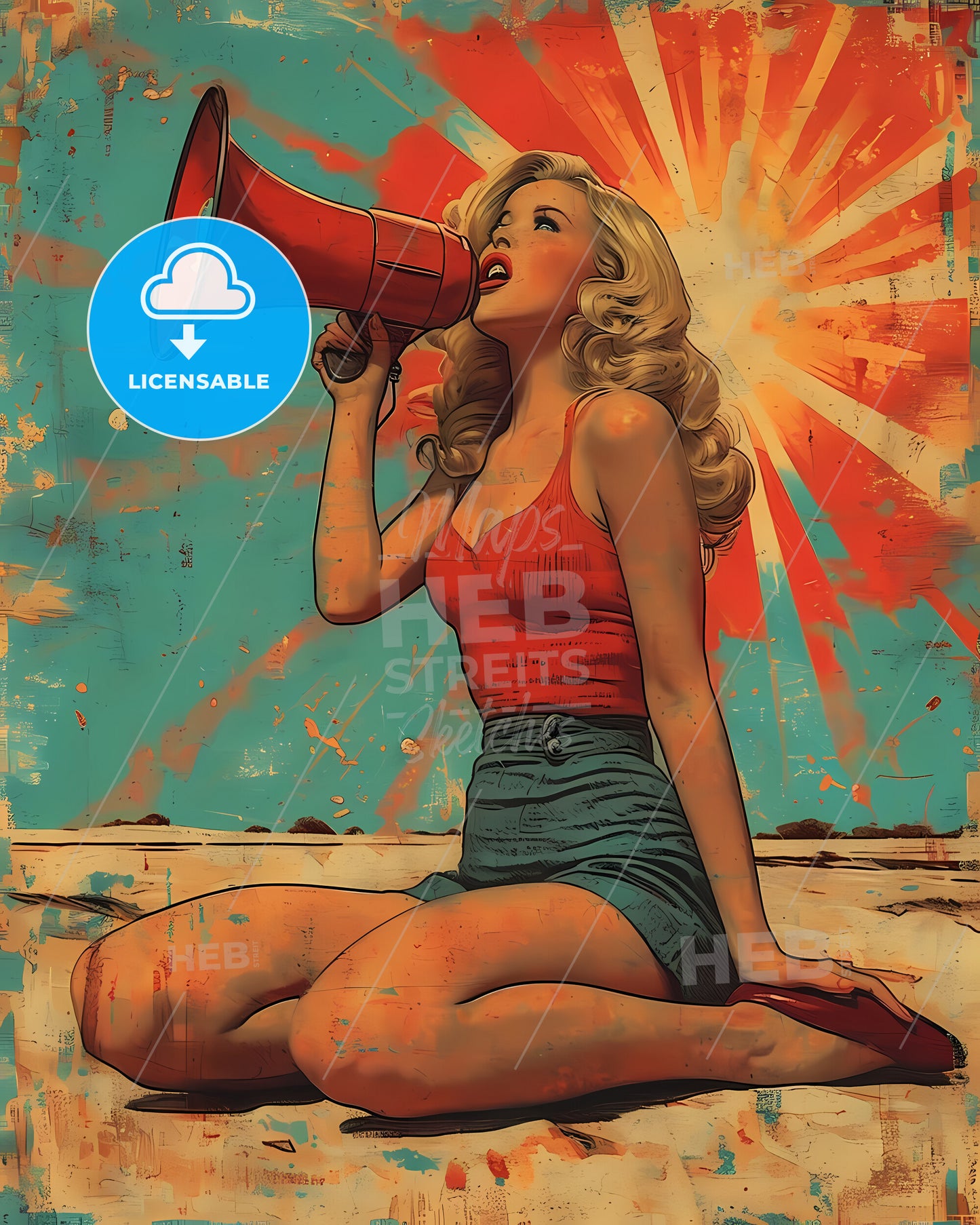 Pin Up In 50S Style Clothes Girl Sitting With Megafon And Shouting - A Woman With A Megaphone