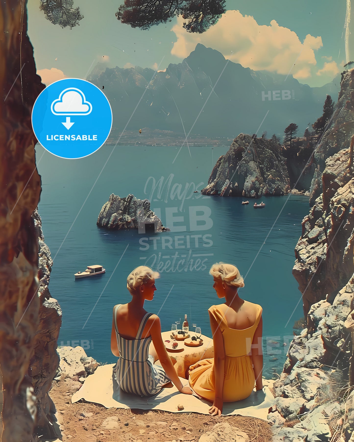 A Landscape Of The German Countryside - Two Women Sitting At A Table Overlooking A Body Of Water