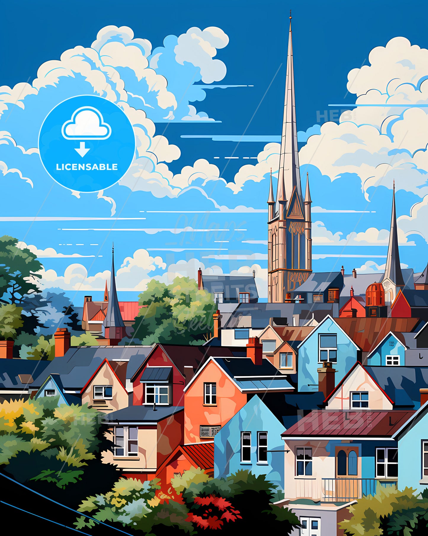 Dublin, Ireland - A Group Of Houses With A Tall Spire