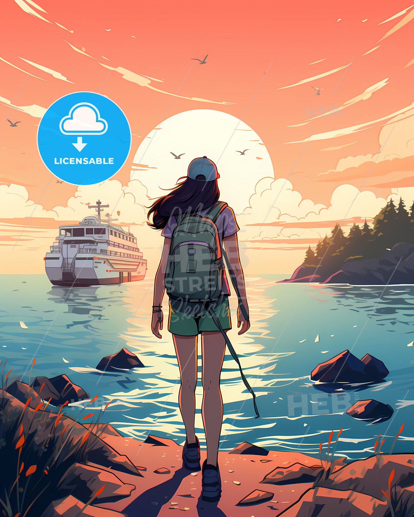 Travel Abroad Illustration - A Woman Standing On A Rocky Shore Looking At A Ship