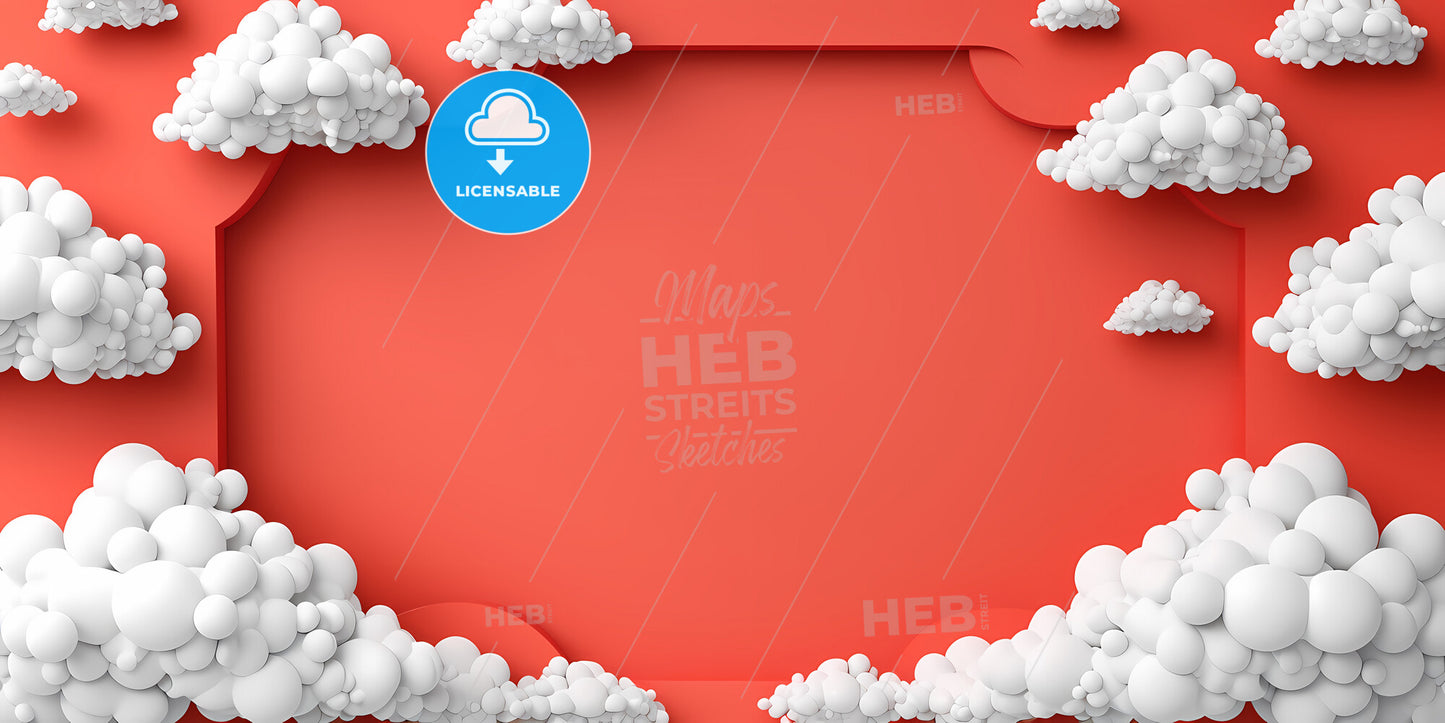 Abstract Peachy Background With White Clouds Fly Out Of The Geometric Frame, Optical Illusion - A Red Frame With White Clouds