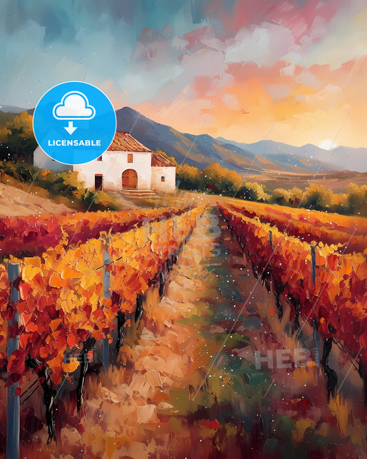 Rioja, Spain - A Painting Of A Vineyard With A House In The Background