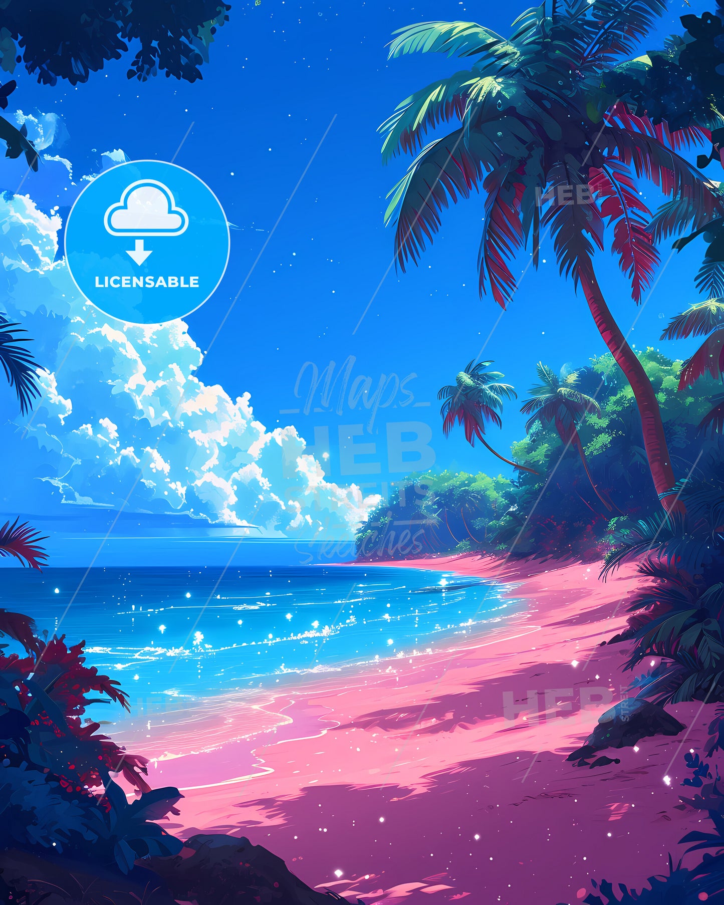 Pink Sands Beach - A Beach With Palm Trees And Blue Water