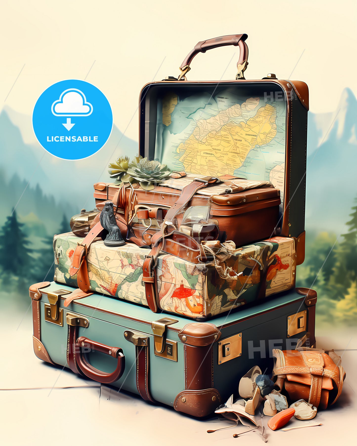 Travel Abroad Illustration - A Stack Of Suitcases With A Map On Top