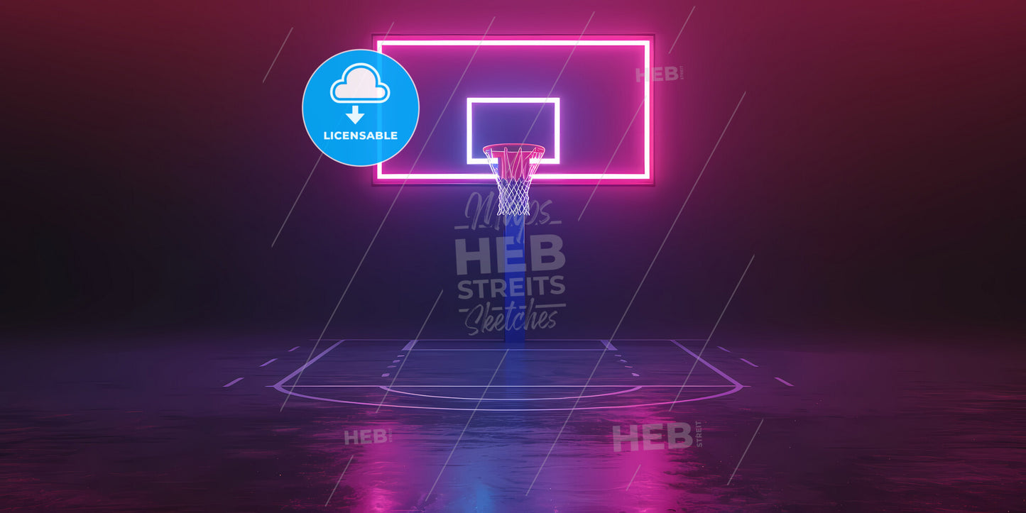 Pink Blue Glowing Neon Light, Basket On Basketball Field Scheme, Virtual Sport Playground, Sportive Game - A Basketball Hoop With Neon Lights