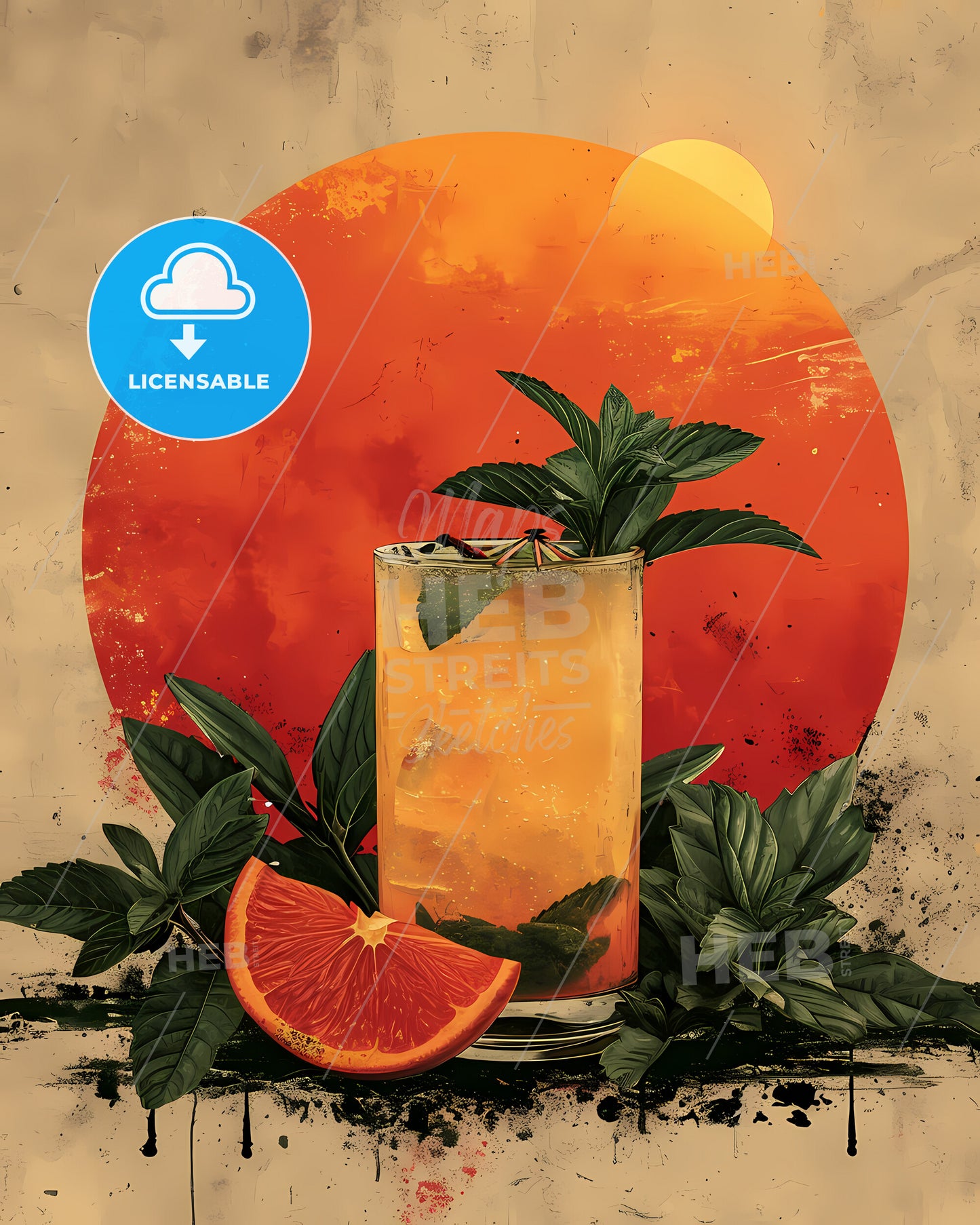 A Fruity Cocktail Radiates Hues Of Yellow - A Glass Of Orange Juice With Leaves And Orange Slice