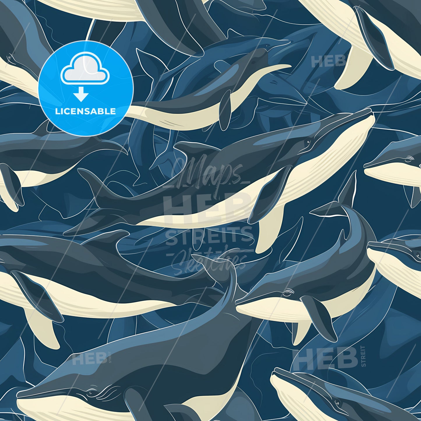 Smiling Cute Cartoon Whales In Different Poses, Swimming In A Swirl - A Group Of Whales In The Water