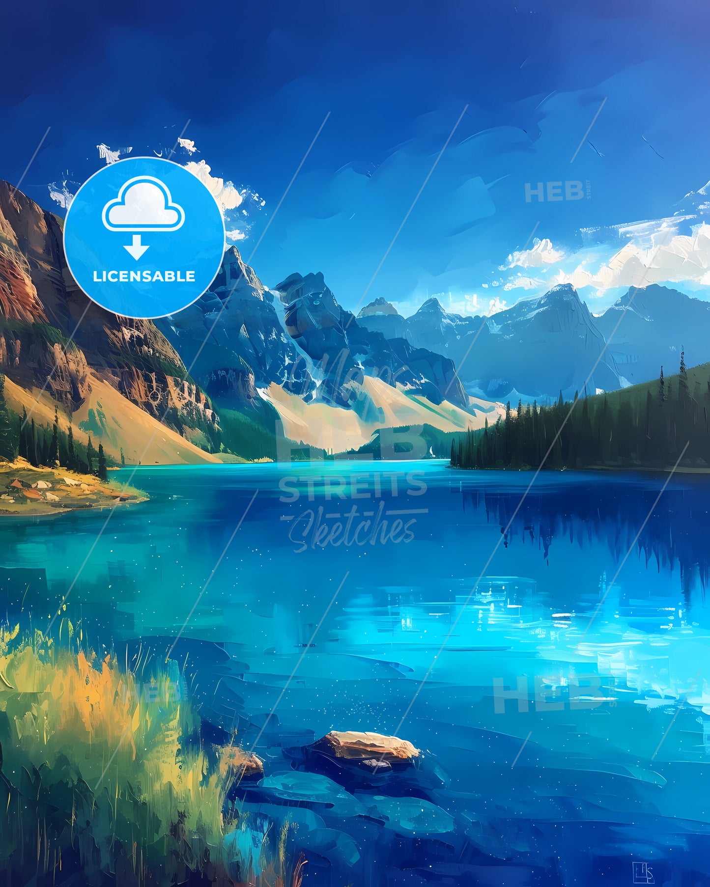 Banff National Park, Canada - A Painting Of A Lake Surrounded By Mountains