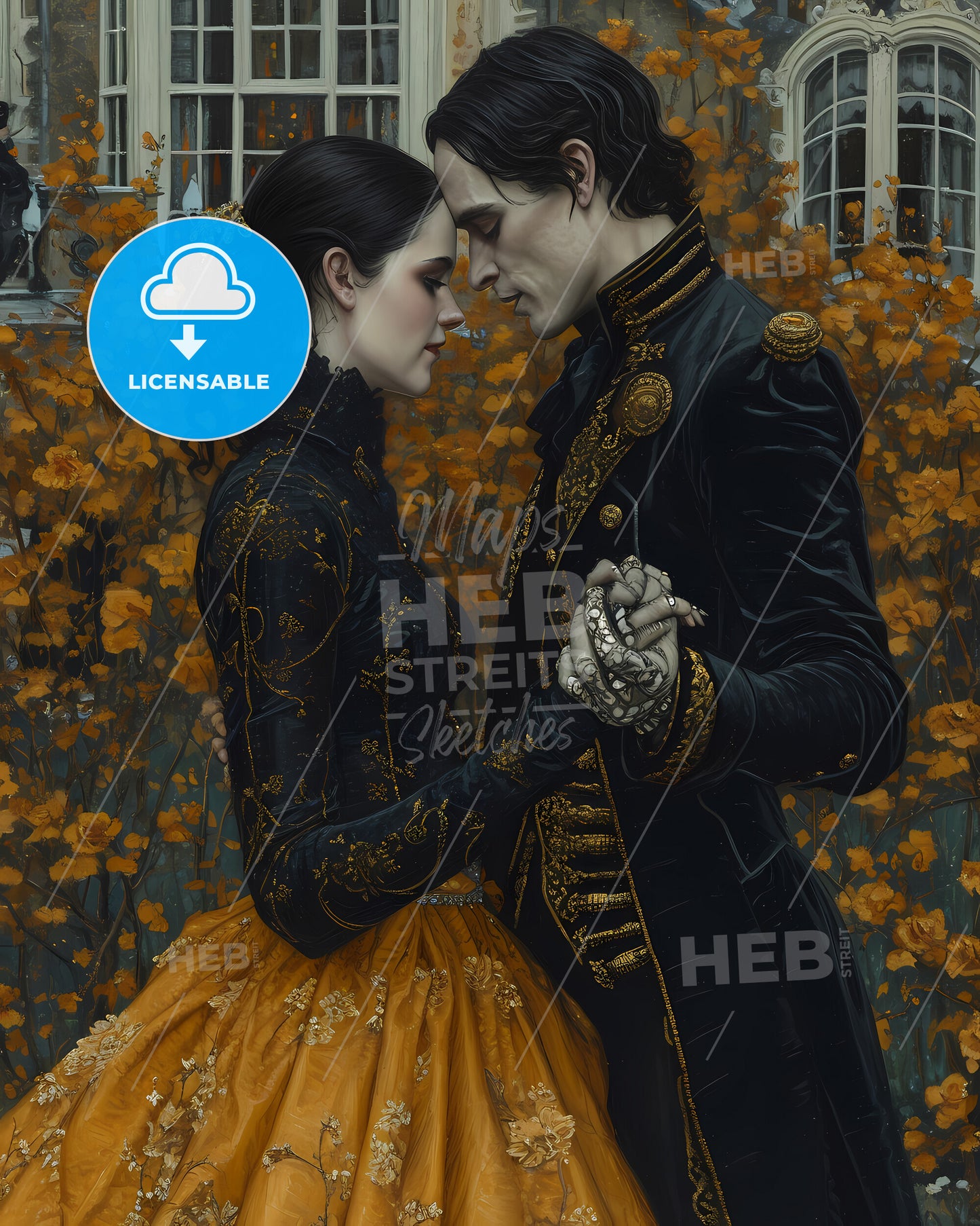 A Skeleton Slow Dances With A Beautiful - A Man And Woman In Black And Gold Dress