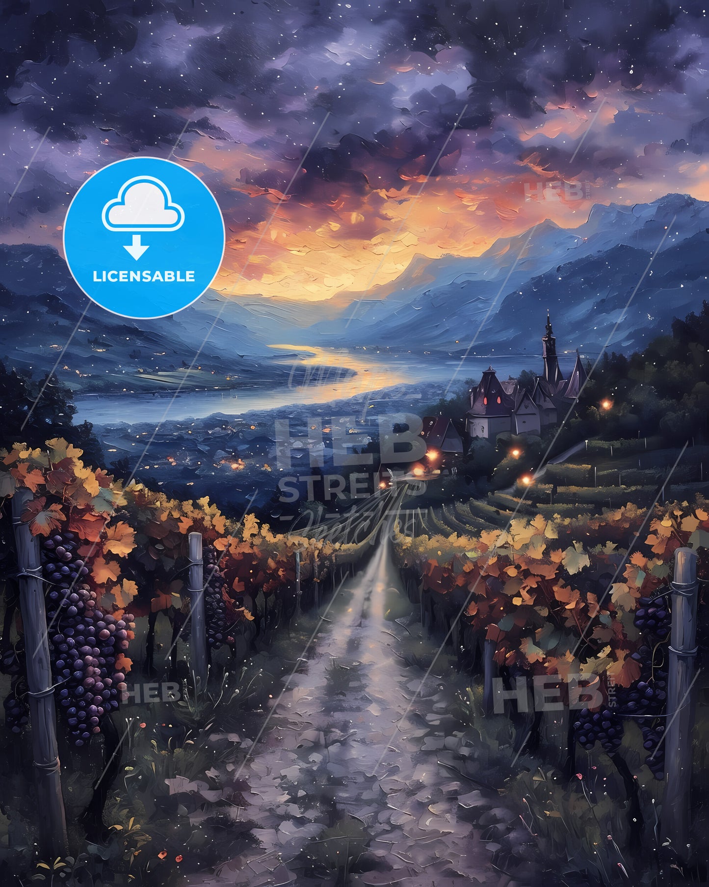 Alsace, France - A Painting Of A Vineyard With A Town In The Background