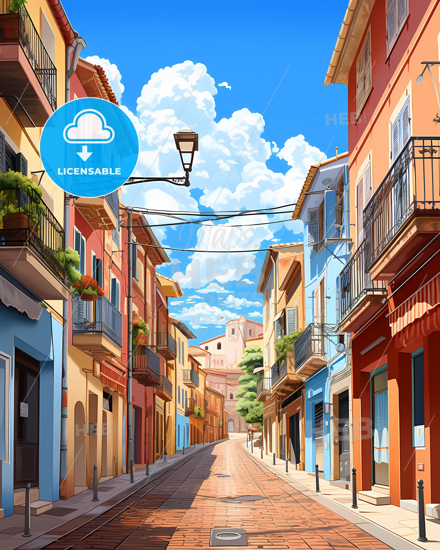 Perpignan, France - A Street With Colorful Buildings And A Street Lamp