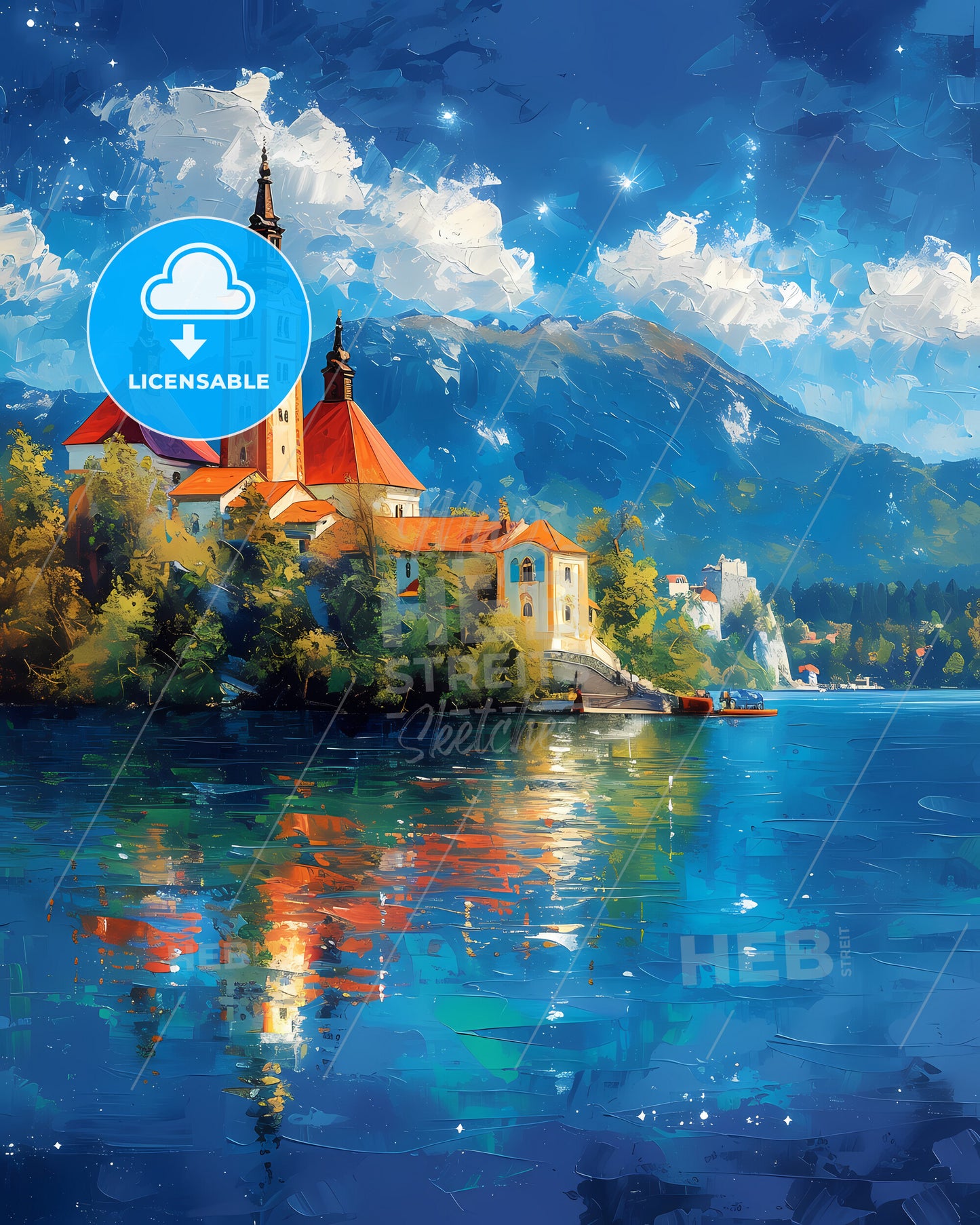 Bled Island, Slovenia - A Building On A Island With Trees And Mountains In The Background