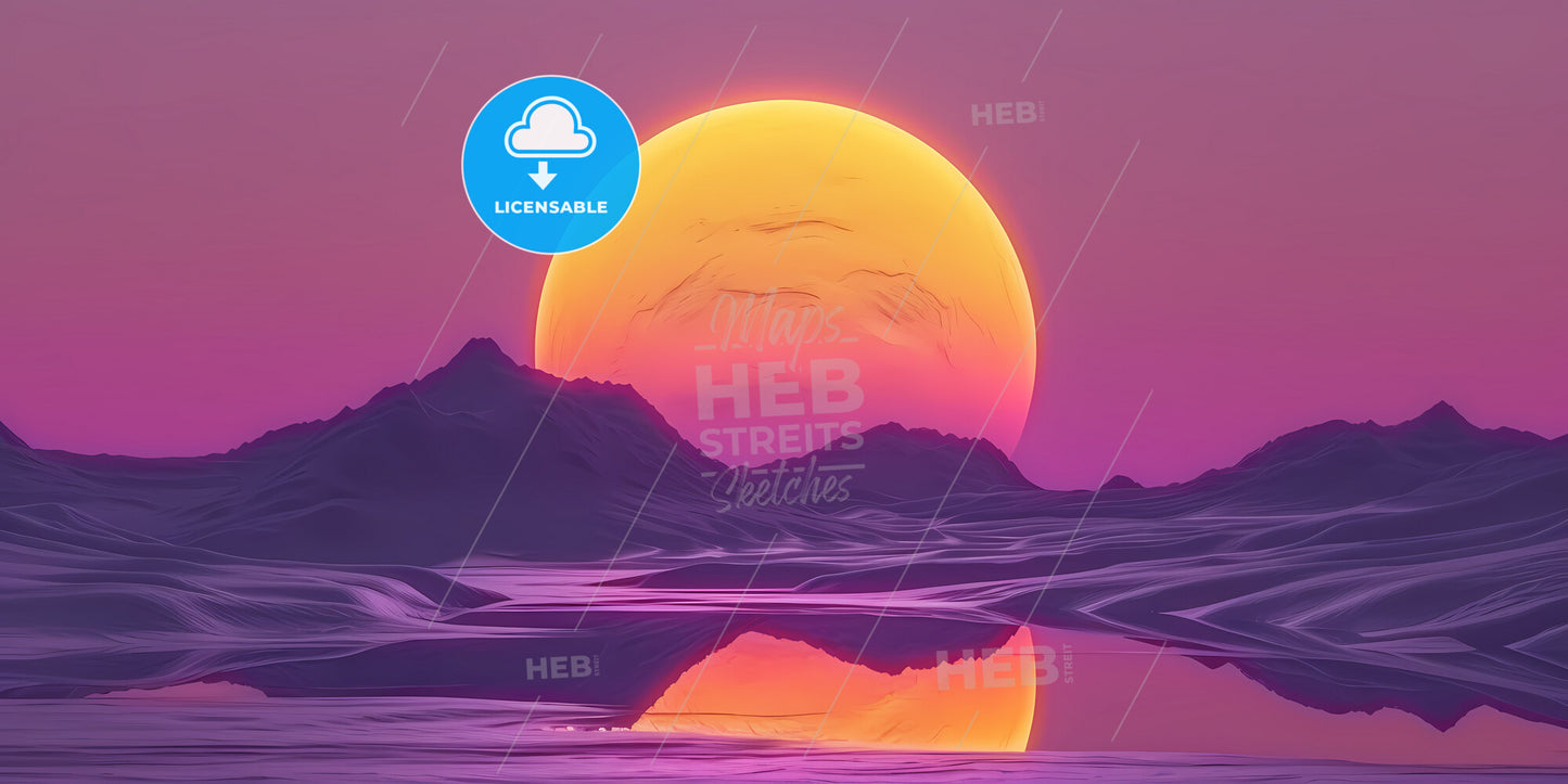 Abstract Fantastic Geometric Background - A Sunset Over Mountains And A Large Yellow Sun