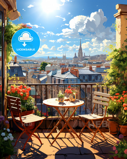 On The Roofs Of Paris - A Balcony With A Table And Chairs And A View Of A City