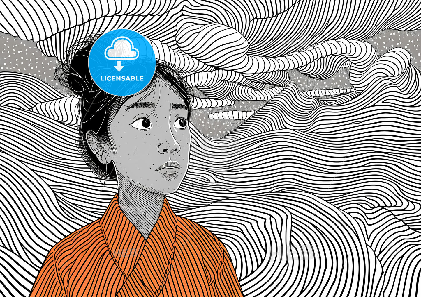 Miniature Style, Beautiful Woman With Red Robe On White Background, Big Eyes With Mascara - A Woman In Orange Robe