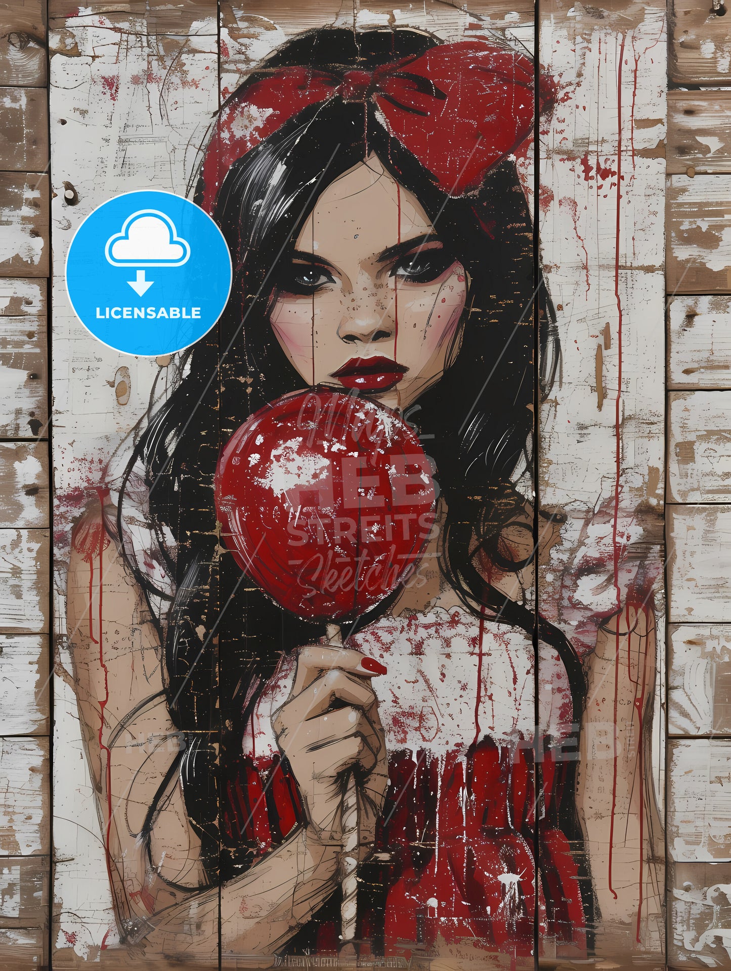 Atomic Bomb With Cute Girl Painted On The Side Of The Bomb In The Style Of 1940S Pin Up Magazine - A Painting Of A Woman Holding A Red Balloon