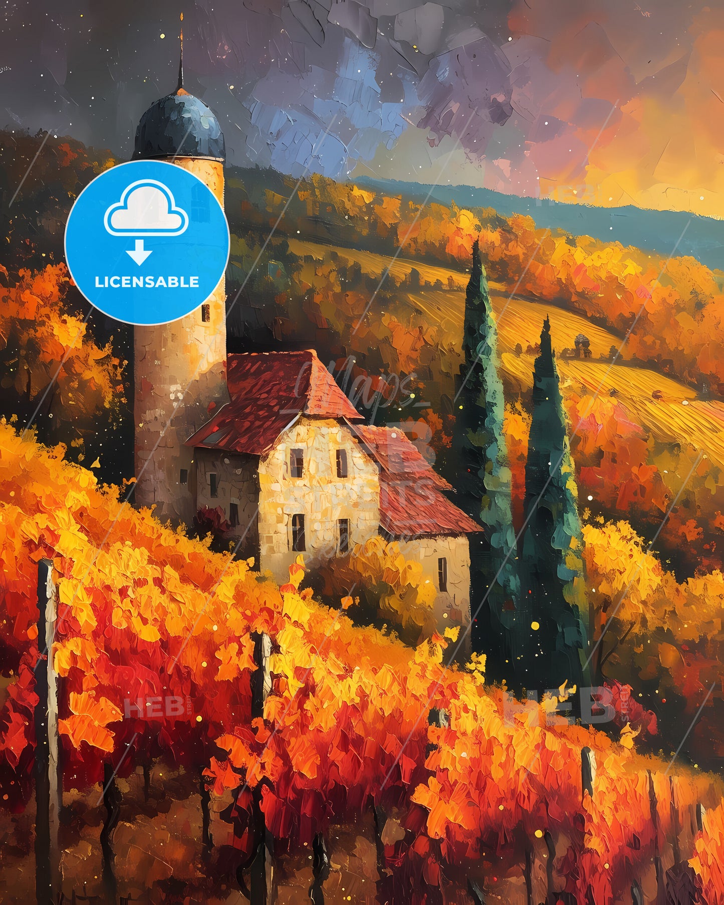 Beaujolais, France - A Painting Of A House In A Vineyard