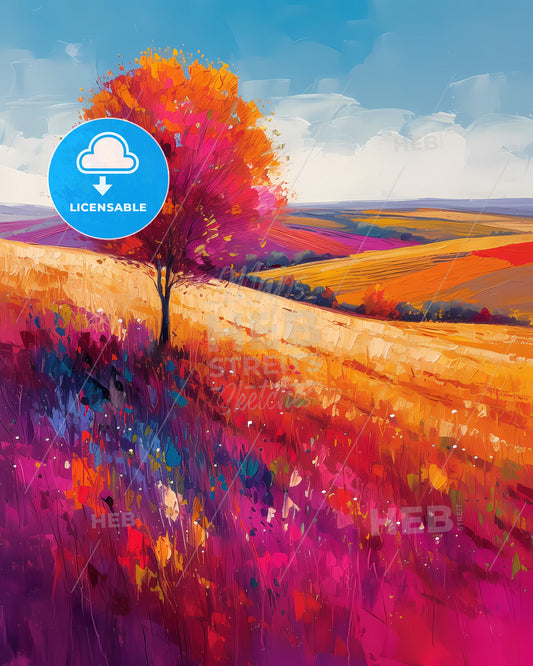 Rioja, Spain - A Painting Of A Tree In A Field Of Flowers