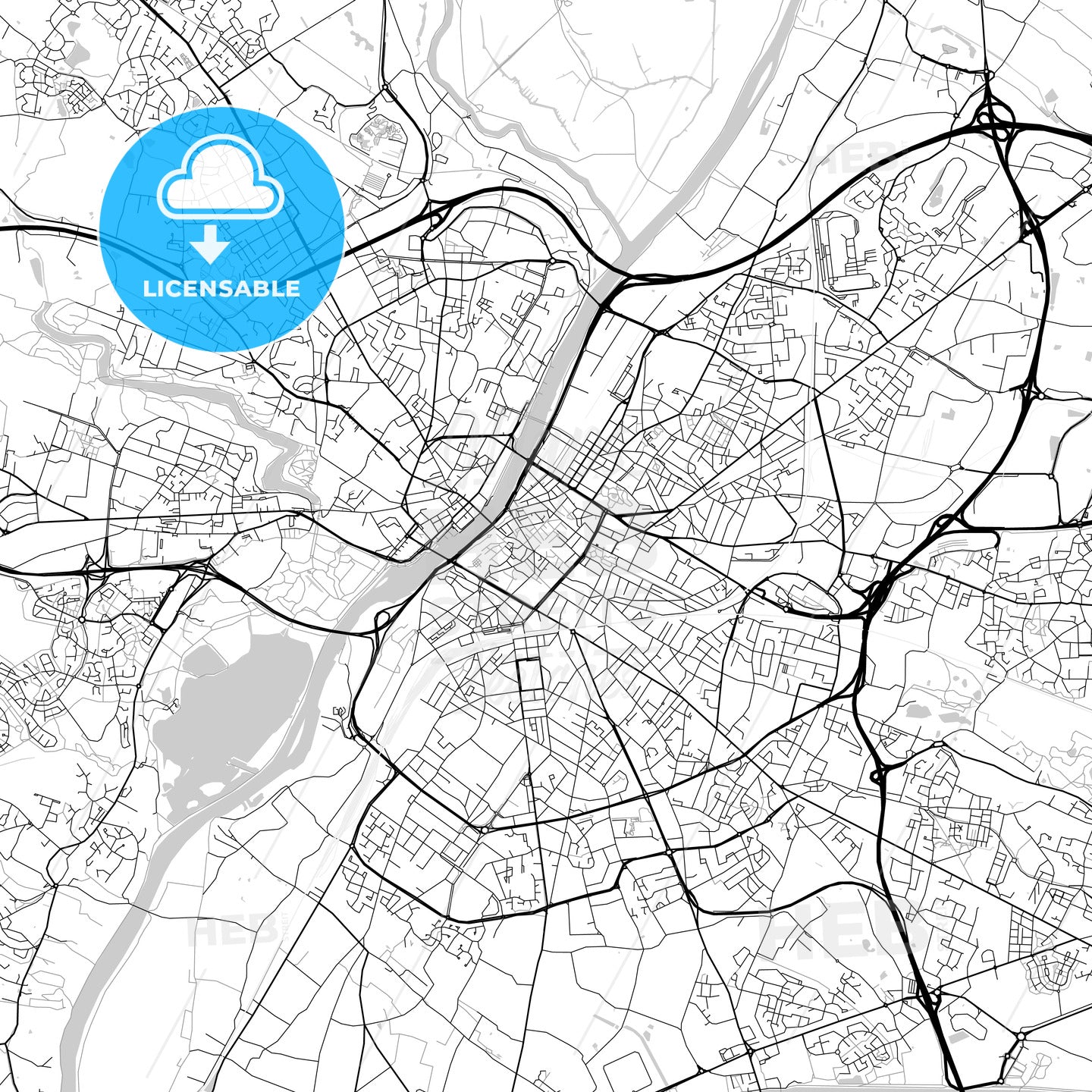 Angers, Maine-et-Loire, downtown map, light