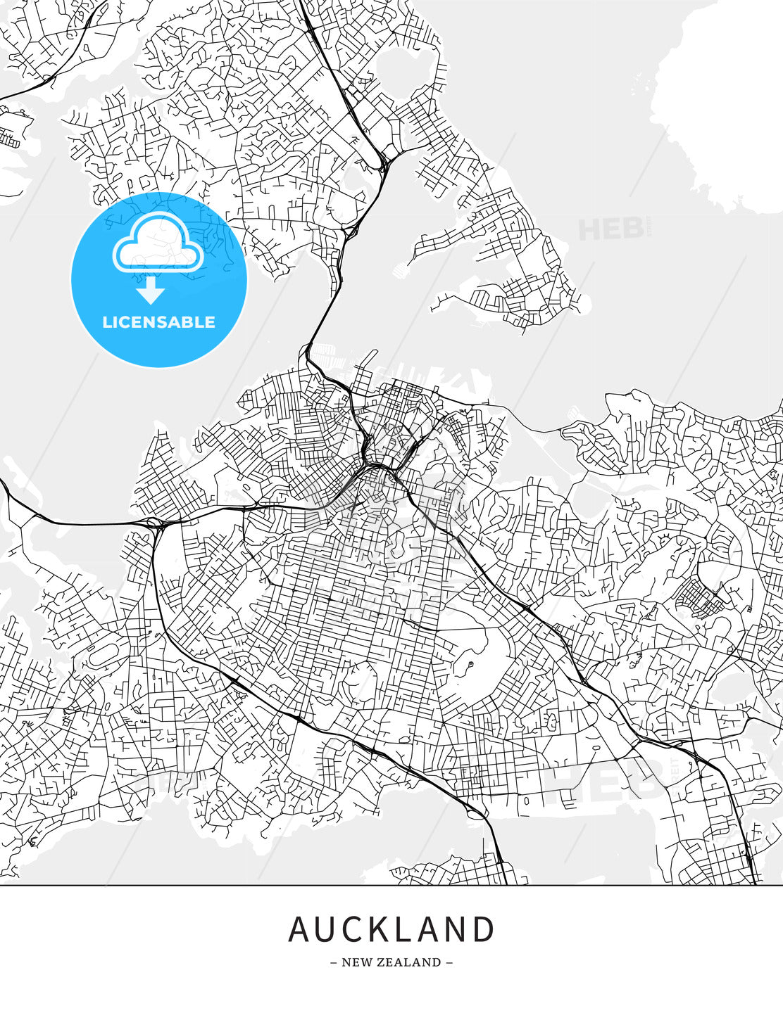 Auckland, New Zealand, Map poster borderless print template - HEBSTREITS