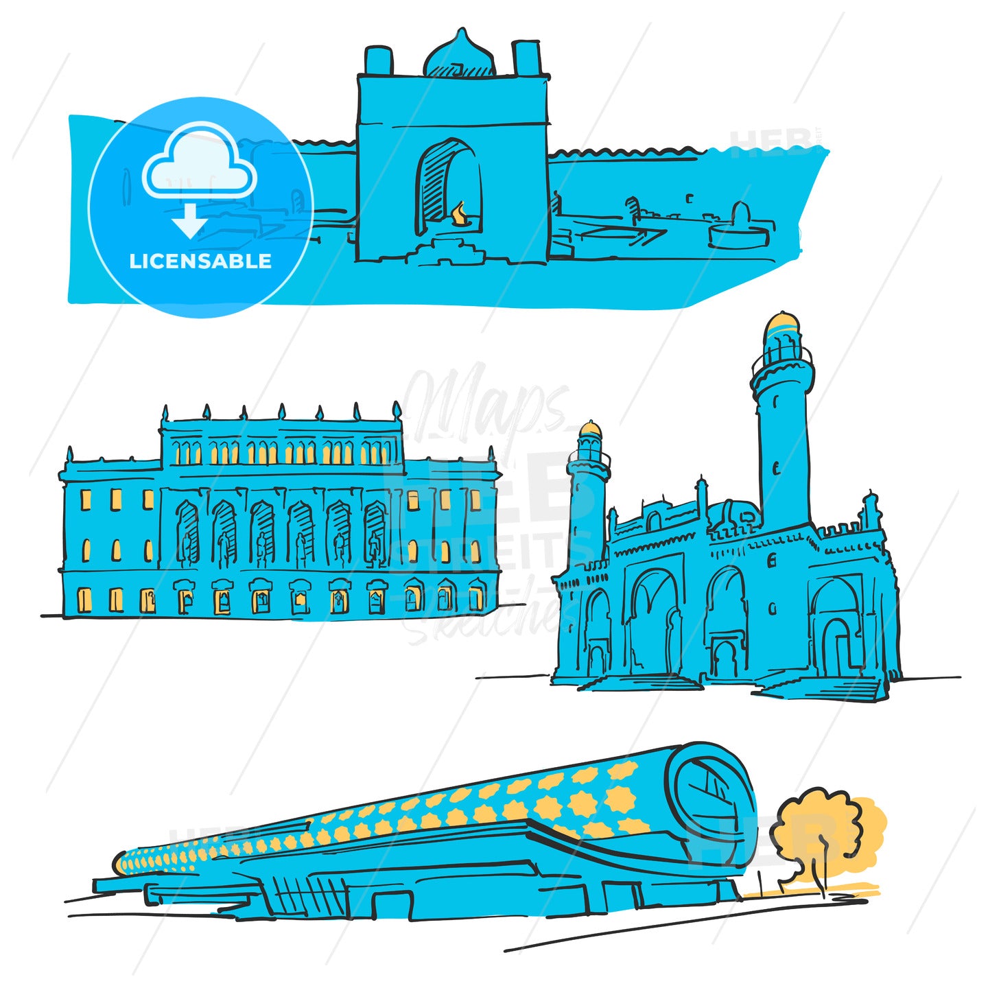 Baku Azerbaijan Colored Landmarks – instant download