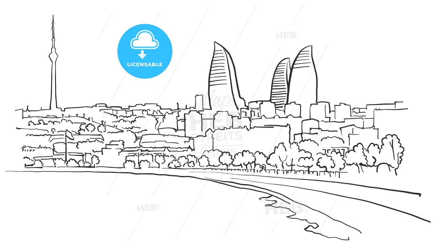 Baku Azerbaijan Panorama Sketch – instant download