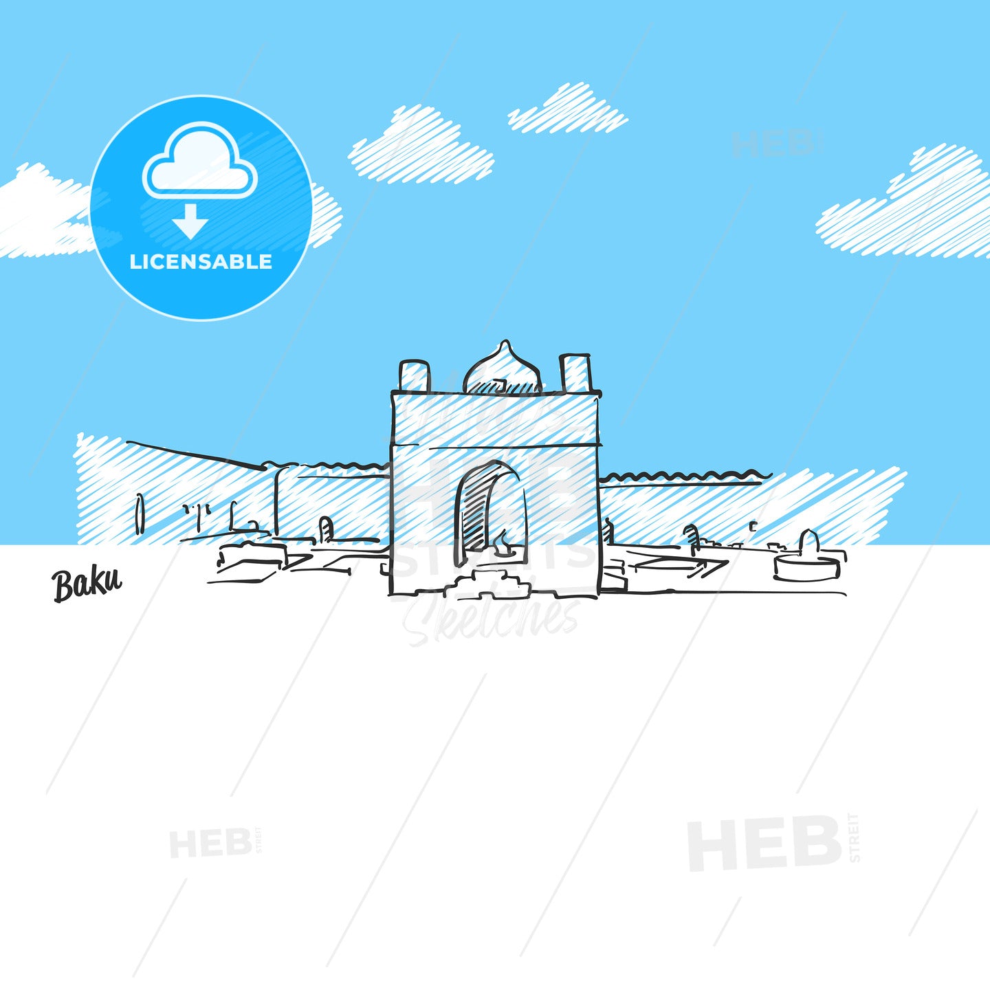 Baku, Azerbaijan famous skyline sketch – instant download