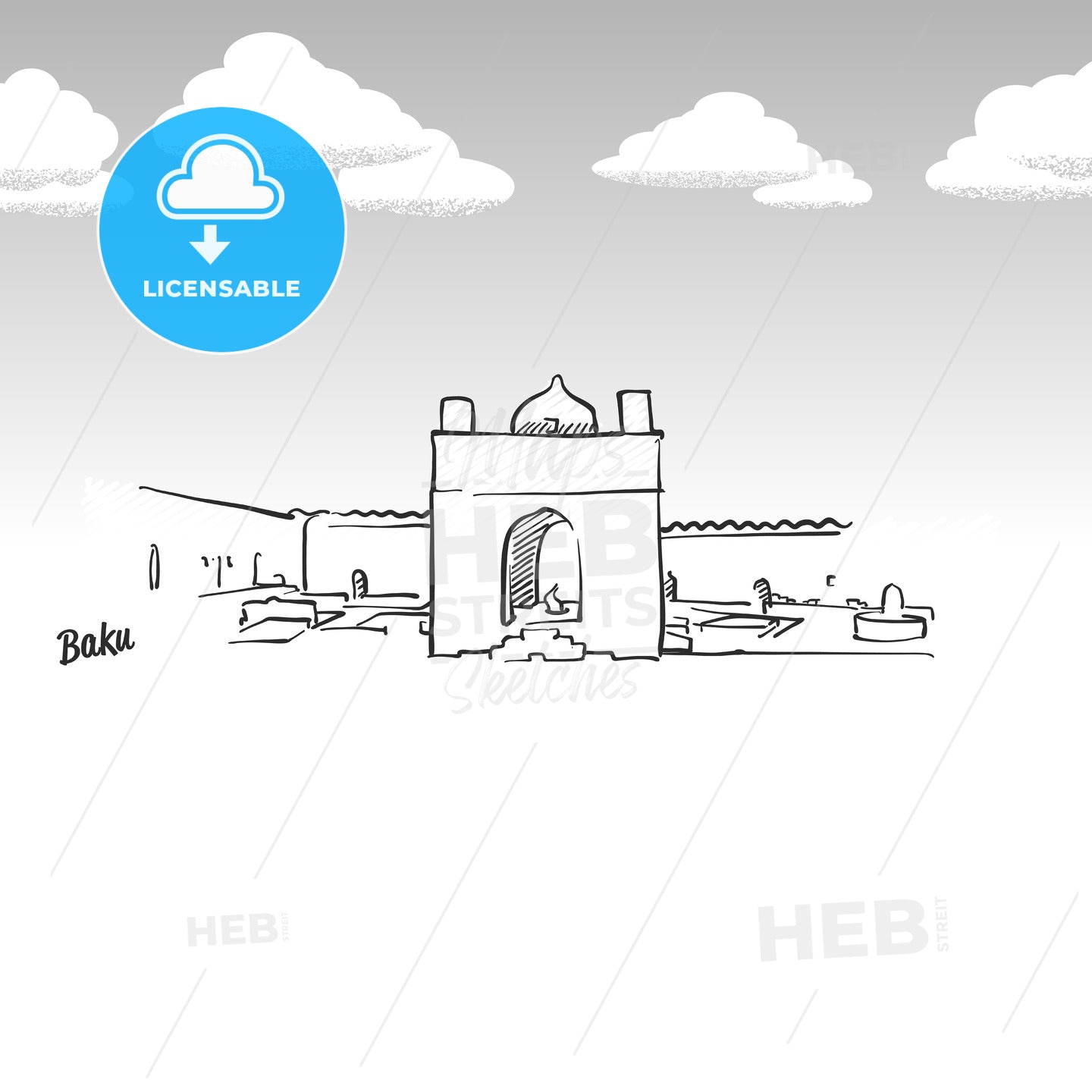 Baku, Azerbaijan famous skyline sketch – instant download