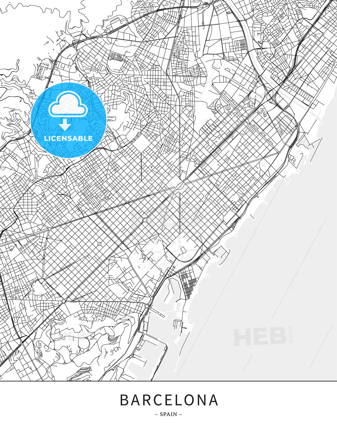 Barcelona, Spain, Map poster borderless print template - HEBSTREITS