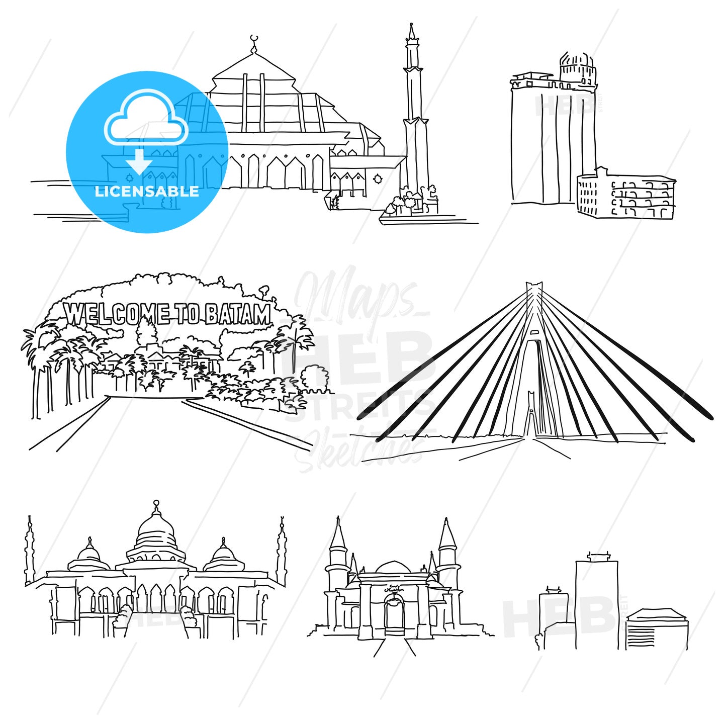 Batam famous architecture outlines – instant download