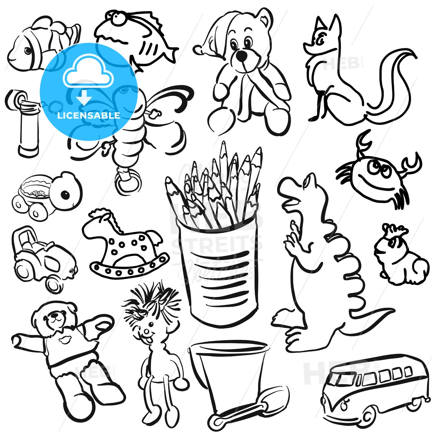 Big Set of Sketched Kids Toys – instant download