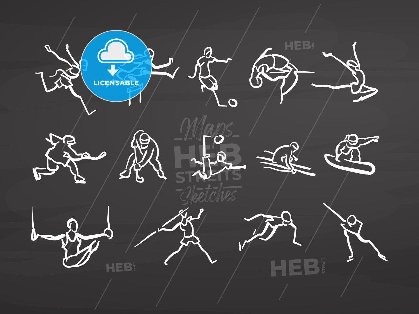 Big set of sportsmen doodles on chalkboard – instant download