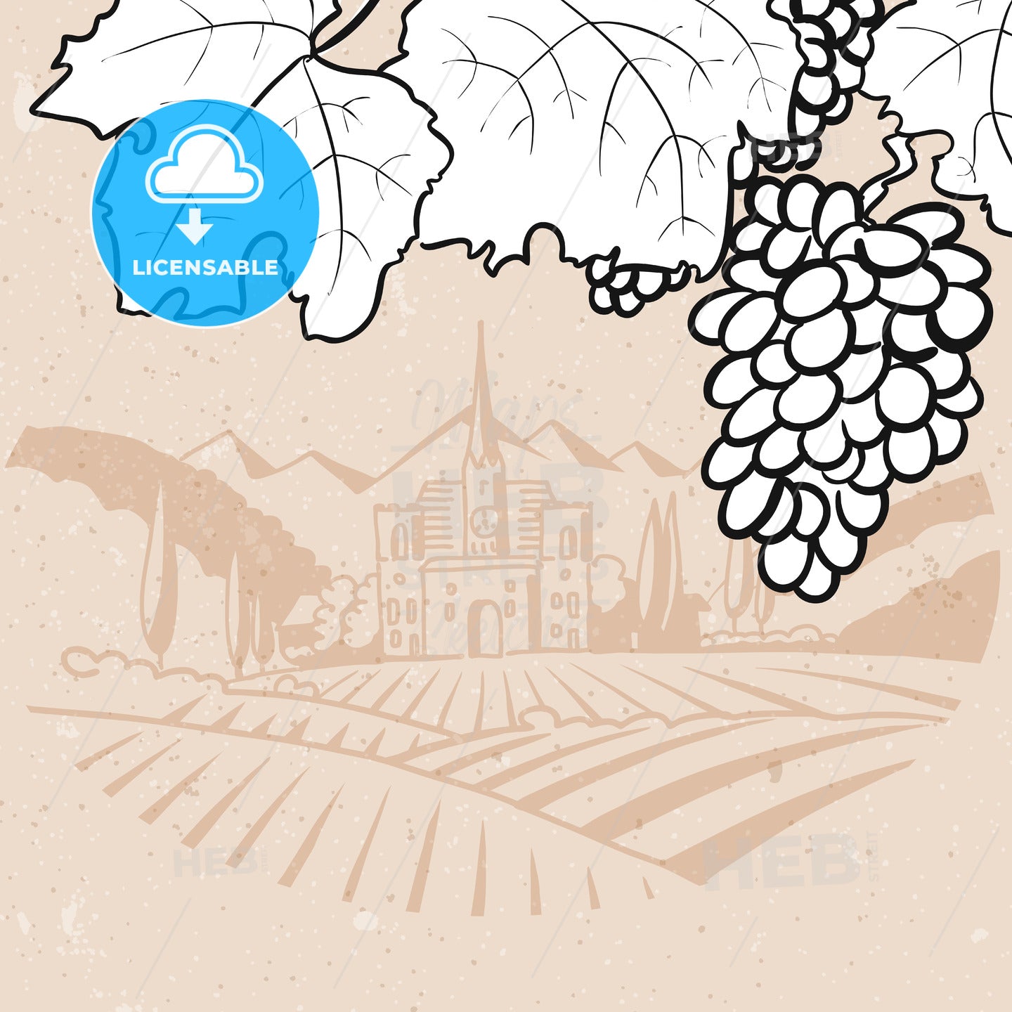 Black and White Grapes in Front of Vintage Vinyard Farm – instant download