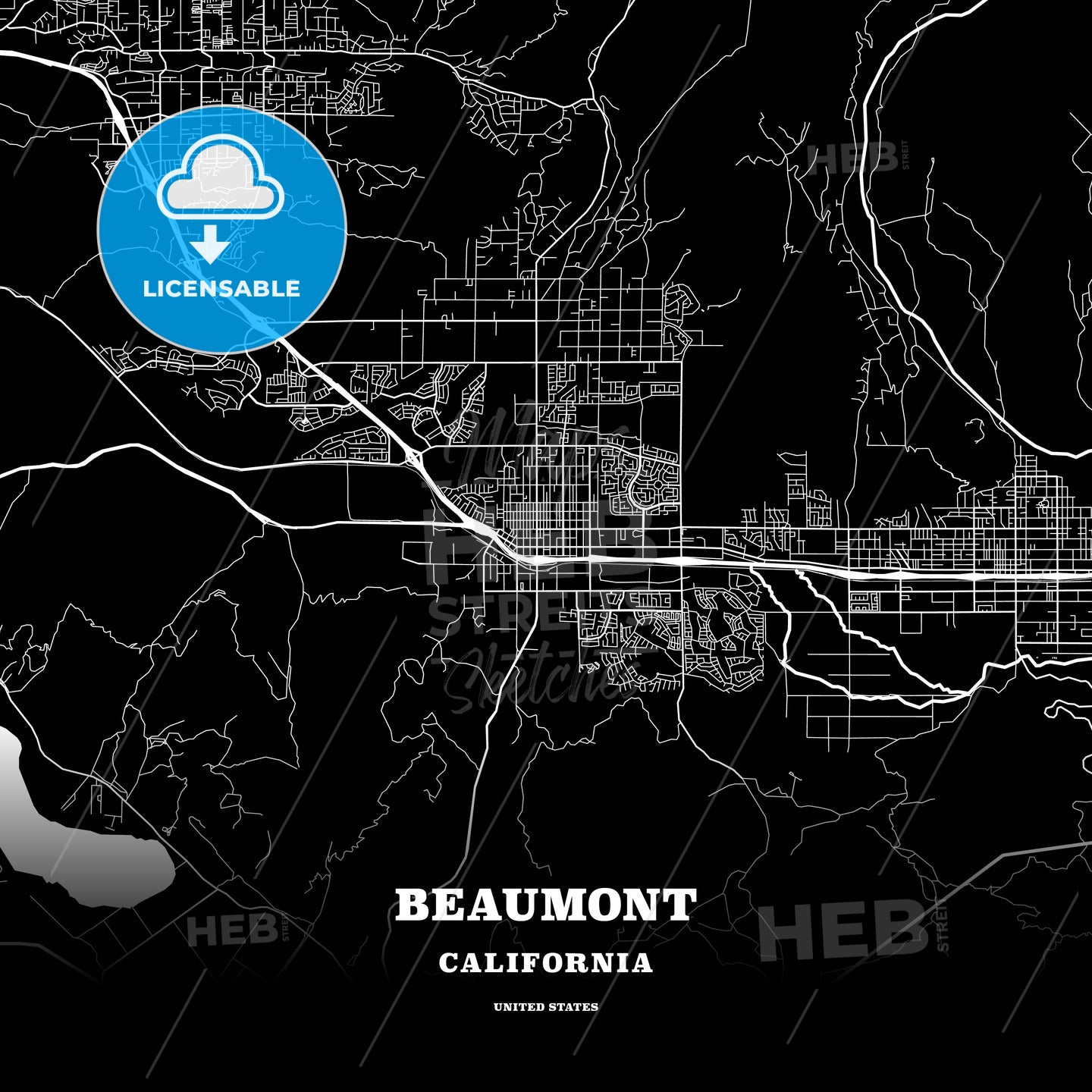 Black map poster template of Beaumont California USA